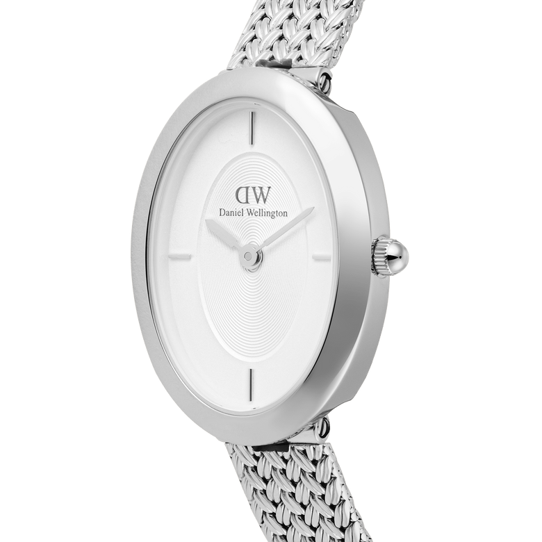 Close-up of the Juliette Braided Mesh White Sunray Silver ladies watch, highlighting the oval stainless steel case, minimalist white sunray dial, and polished braided mesh strap.