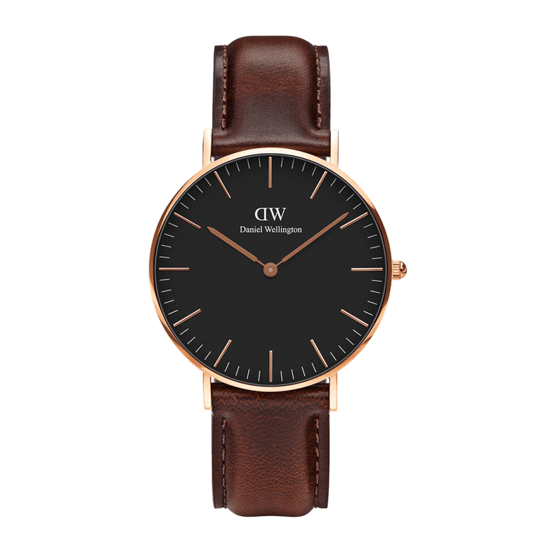 Classic Bristol Black Rose Gold watch featuring a minimalist black dial, slim rose gold case, and a dark brown genuine leather strap, designed for versatile everyday wear.