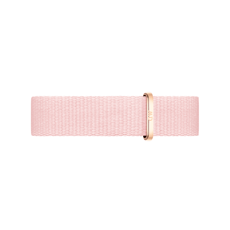 Soft pink NATO style watch strap made from recycled polyester, featuring a rose gold buckle and textured fabric, designed for Daniel Wellington watches.