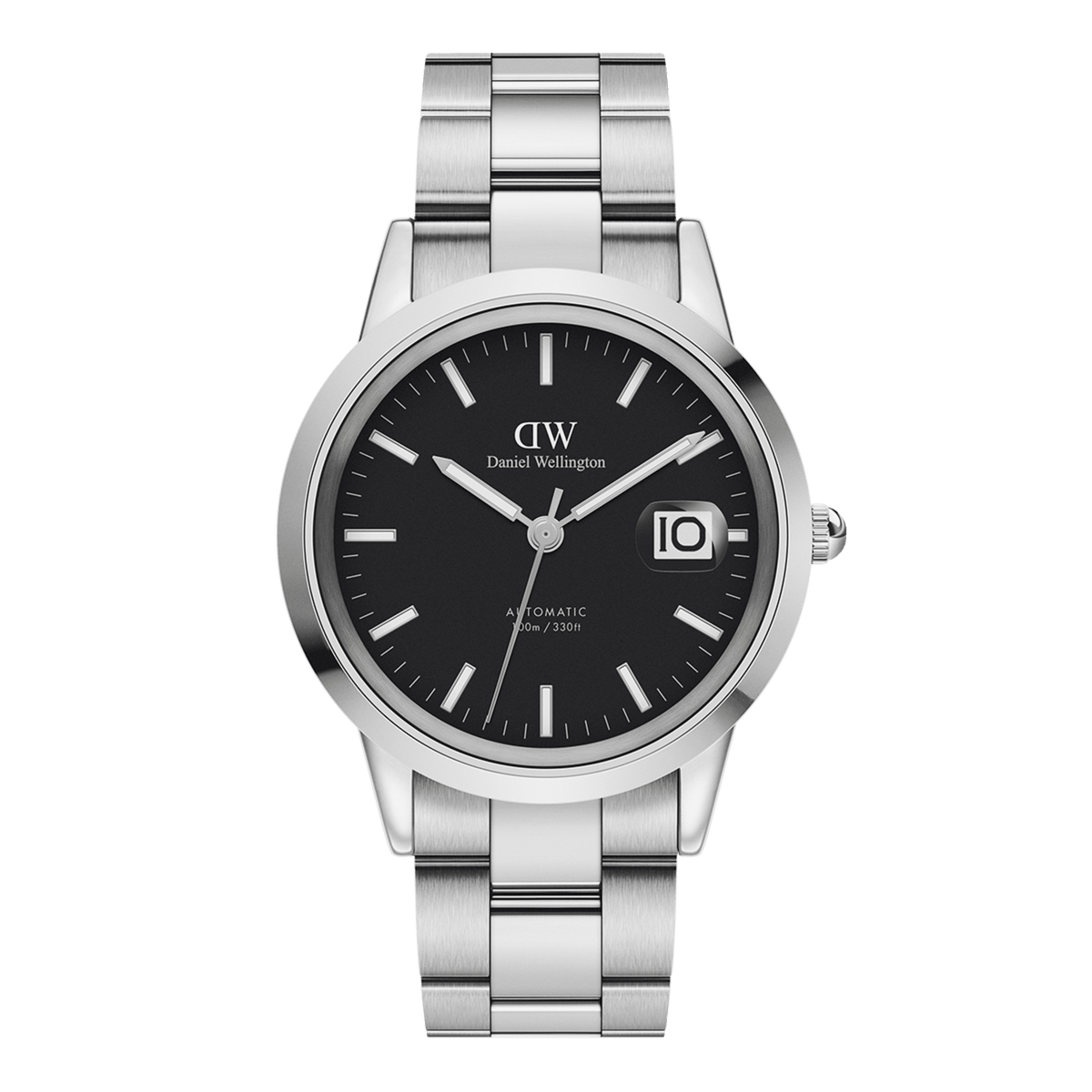 Silver Daniel Wellington Iconic Link Automatic watch with a black dial, luminous markers, and a magnified date window, featuring a polished stainless steel bracelet and a 40mm case.