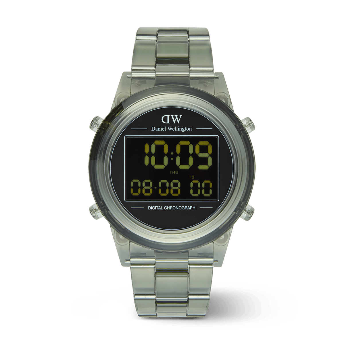 Retro Digital Dark Green unisex watch with a transparent dark green link bracelet, round black digital dial, and clear LED display showing time, date, and chronograph functions.