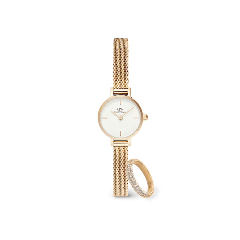 Petite Mini & Pave Crystal Ring Gold Set featuring a petite gold mesh strap watch with a white dial and a matching gold ring embellished with pavé crystals, styled together for a modern, elegant look.