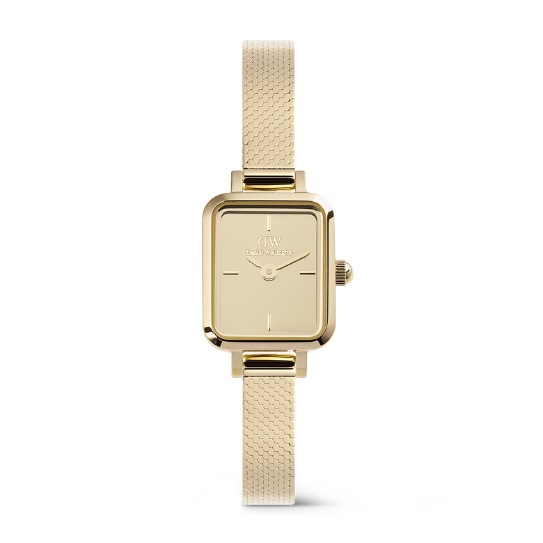 Quadro Mini Reflection Gold features a slim rectangular gold case, mirror-effect dial, and a delicate gold mesh strap, offering a refined and minimalist look suitable for everyday wear.