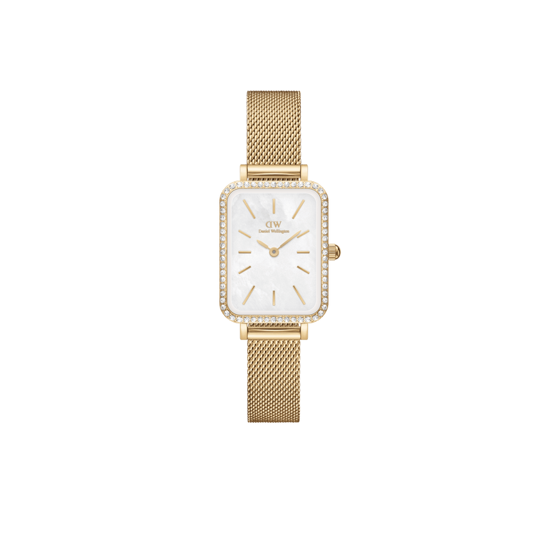 Quadro Lumine Bezel Evergold MOP gold mesh strap watch with a rectangular case, crystal bezel, and white mother of pearl dial, designed for women seeking a refined and versatile accessory.