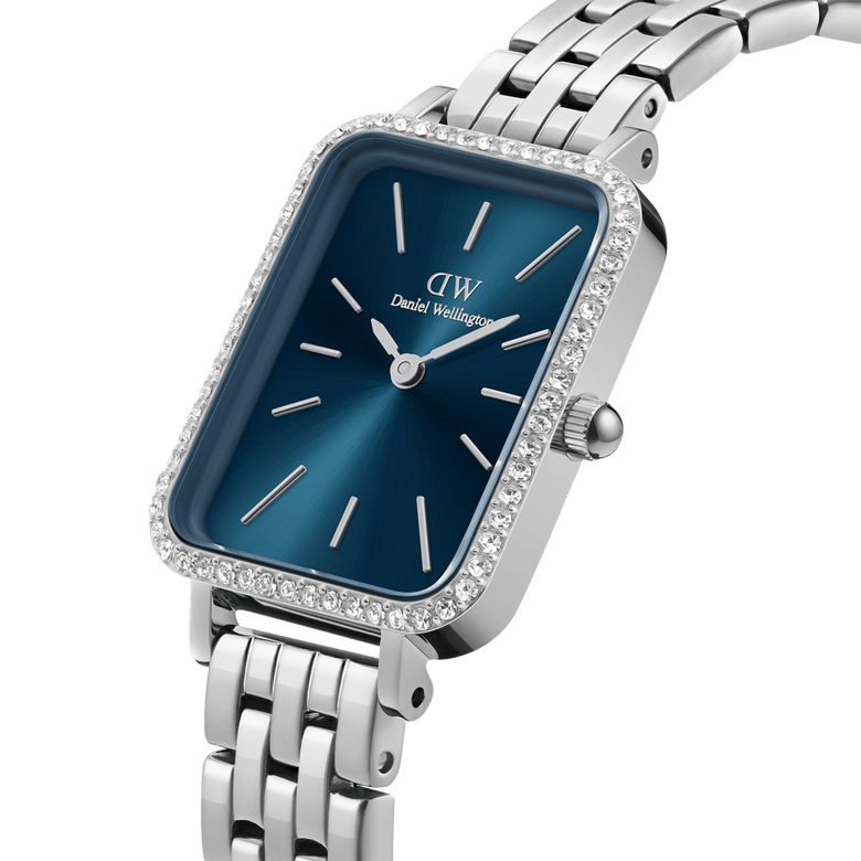 Quadro Lumine Bezel 5-Link Arctic Silver watch with a rectangular stainless steel case, vibrant blue dial, gemstone bezel, and a polished 5-link bracelet, highlighting its elegant and modern design.