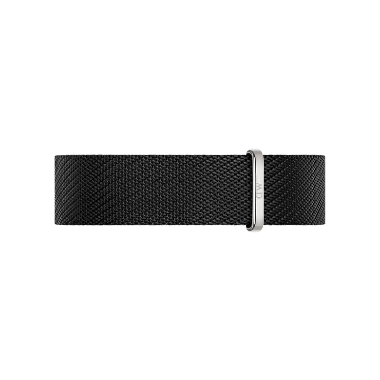 Black NATO strap made from recycled nylon with a silver buckle, designed for the Iconic Black NATO White Dial watch and compatible with other 20mm Daniel Wellington models.