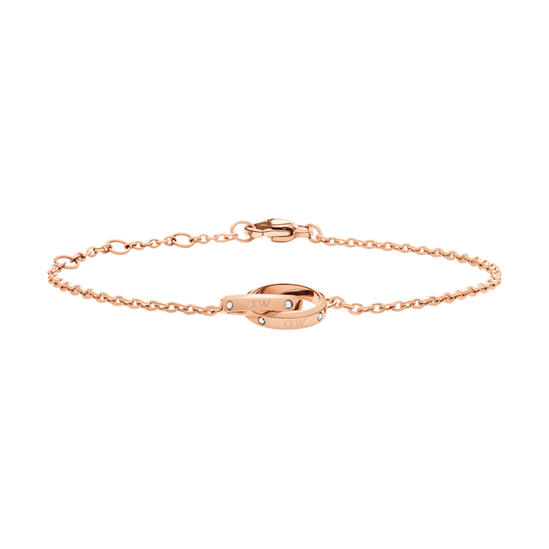 Classic Unity Lumine bracelet in rose gold, featuring a slim adjustable chain with intertwined rings and crystal accents, ideal for layering or wearing alone for a minimalist look.