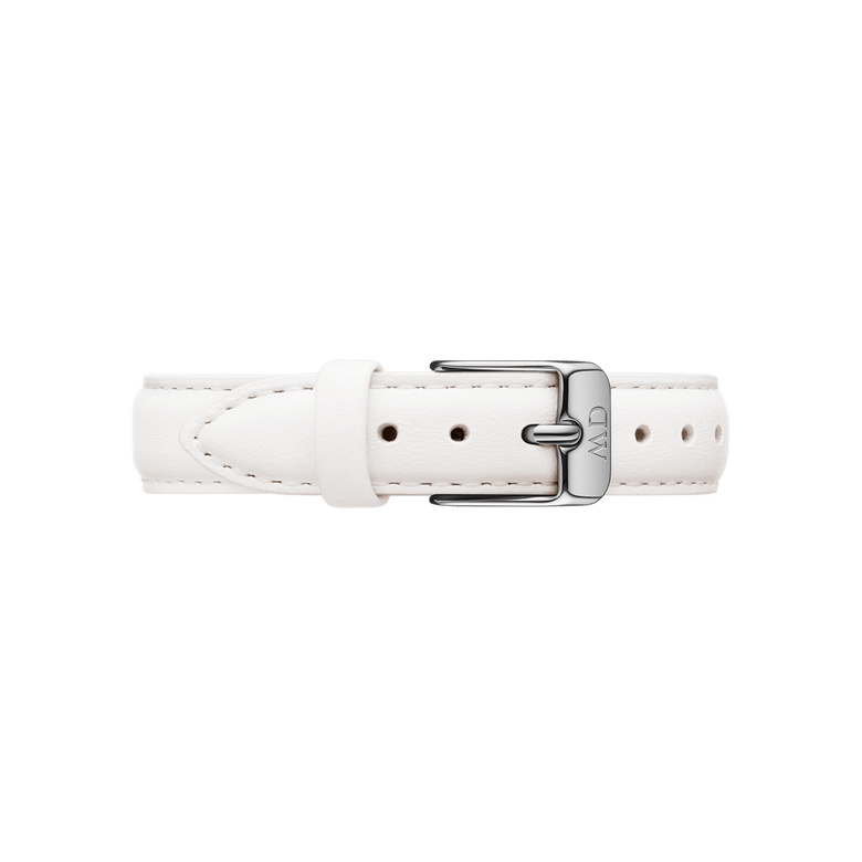 Bondi Strap Silver in white genuine leather with a polished silver buckle, featuring neat stitching and an adjustable fit for classic or petite watches.