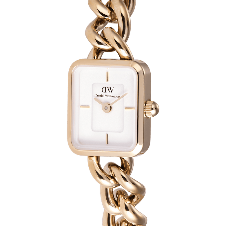 Close-up of the Jolie Chain Rose Gold watch showing its square white dial, minimalist hour markers, and chunky rose gold chain bracelet with a polished finish.