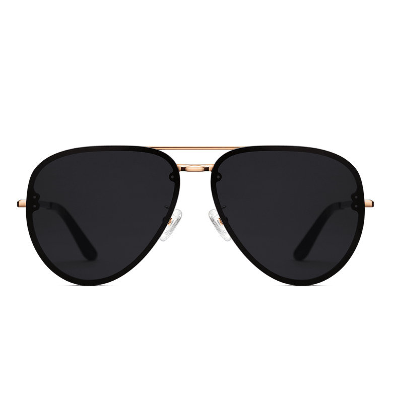 Front view of Avion Steel Rose Gold sunglasses featuring a rose gold plated stainless steel frame, large black aviator lenses, and adjustable silicone nose pads for comfortable everyday wear.