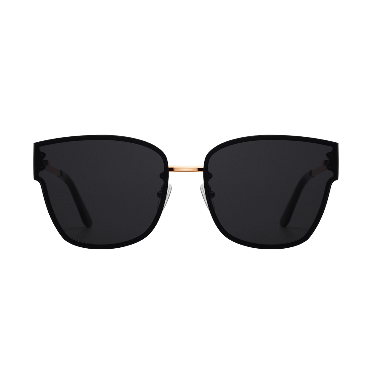 Steel Grande Rose Gold sunglasses with oversized square black lenses and a lightweight rose gold plated stainless steel frame, featuring adjustable nose pads and chic gold detailing.