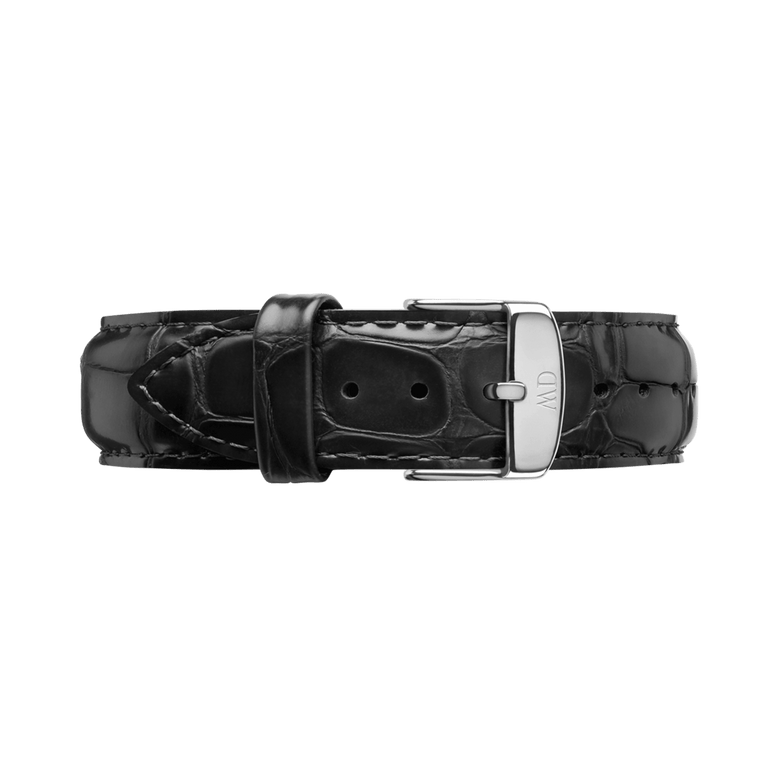 Black croc-embossed genuine leather watch strap with a polished silver buckle, designed for Daniel Wellington watches and available in multiple widths.