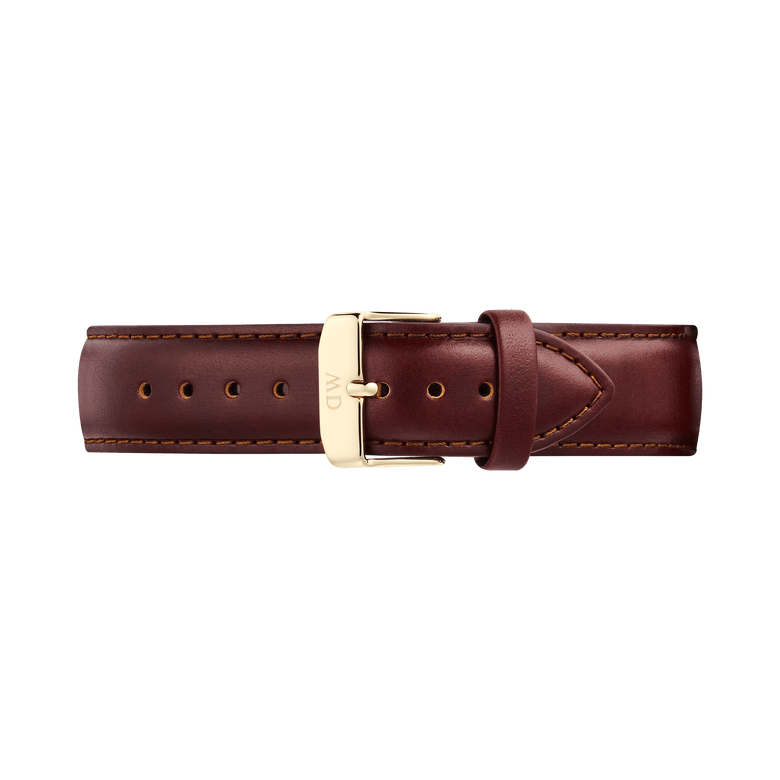 Brown leather Tapered St Mawes Strap Gold with subtle stitching and a polished gold-plated stainless steel buckle, designed for a 21mm fit and suitable for men’s watches.
