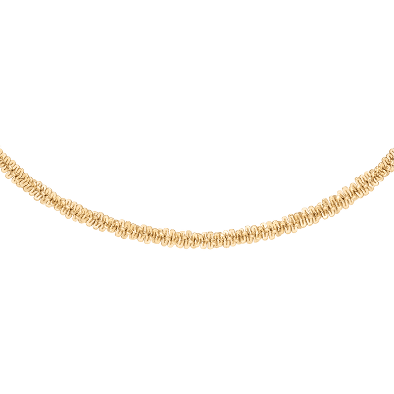 Gold twisted chain necklace with a slim, textured design, crafted from stainless steel and finished with gold PVD plating, shown against a plain background.