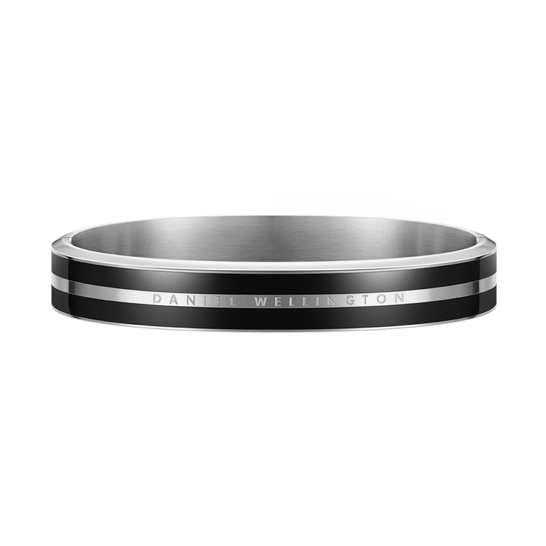 Emalie Infinite Silver Black bracelet featuring a sleek stainless steel bangle design with deep black enamel ribbons and subtle engraved detailing, offering a modern and refined look suitable for both men and women.