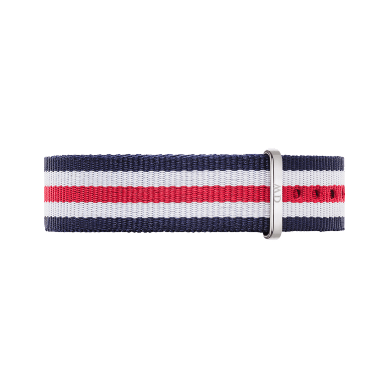 Canterbury Strap Silver in navy, white, and red stripes with a polished silver buckle, crafted from lightweight polyester for a stylish and comfortable NATO watch strap option.