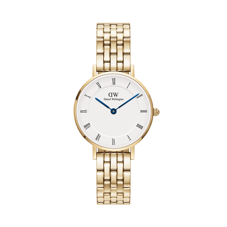 Petite Roman Numerals 5-Link Gold watch featuring a 28mm round white dial with classic Roman numerals, blue steel hands, and a polished gold 5-link bracelet.