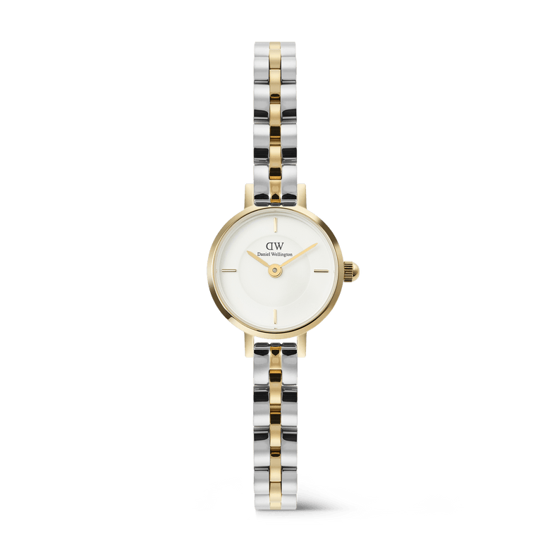 Petite Mini Arch 3-Link Two Tone Gold ladies watch with a petite 19mm white dial, gold and silver polished 3-link bracelet, and minimalist design.