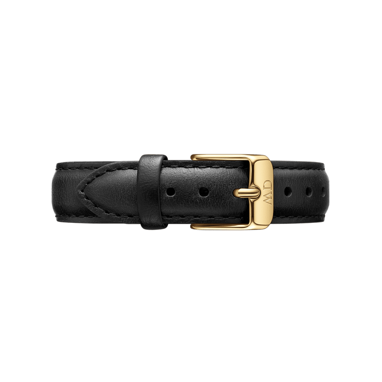 Sheffield Strap Gold in black leather with fine stitching and a gold buckle, offering a sleek and versatile accessory for modern and classic watches.