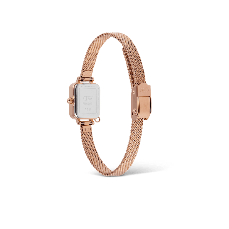 Rear view of the Quadro Mini Crystal Zodiac Melrose showing the stainless steel case back, rose gold mesh strap, and adjustable safety buckle designed for a secure and comfortable fit.