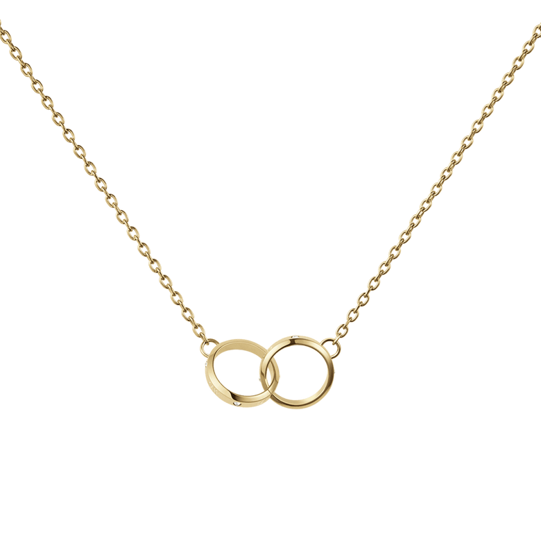 Classic Lumine Unity Gold necklace featuring a delicate gold chain and two minimalist interlocking rings as a pendant, shown against a plain background.