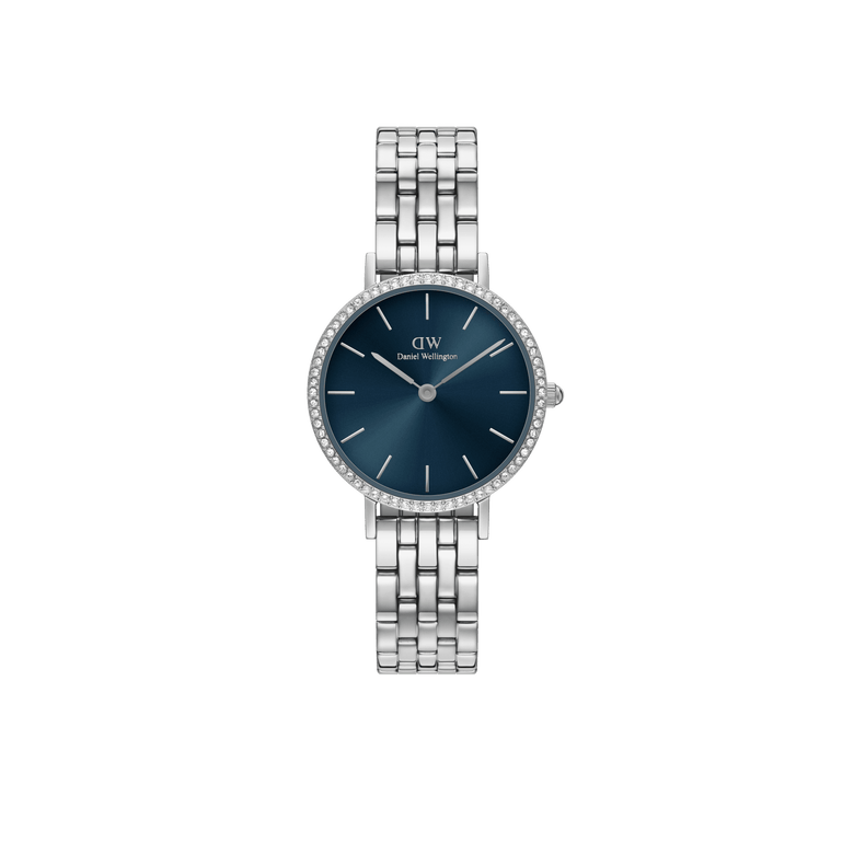 Petite Lumine Bezel 5-Link Arctic S women’s watch featuring a deep blue sunray dial, crystal-set bezel, and polished silver 5-link bracelet, designed for everyday comfort and style.
