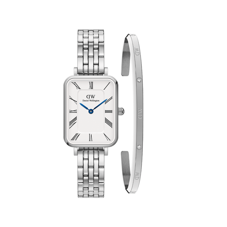 Rectangular silver ladies watch with a five-link bracelet, white dial, Roman numerals, and blue hands, paired with a slim silver bracelet featuring crystal accents and engraved details.