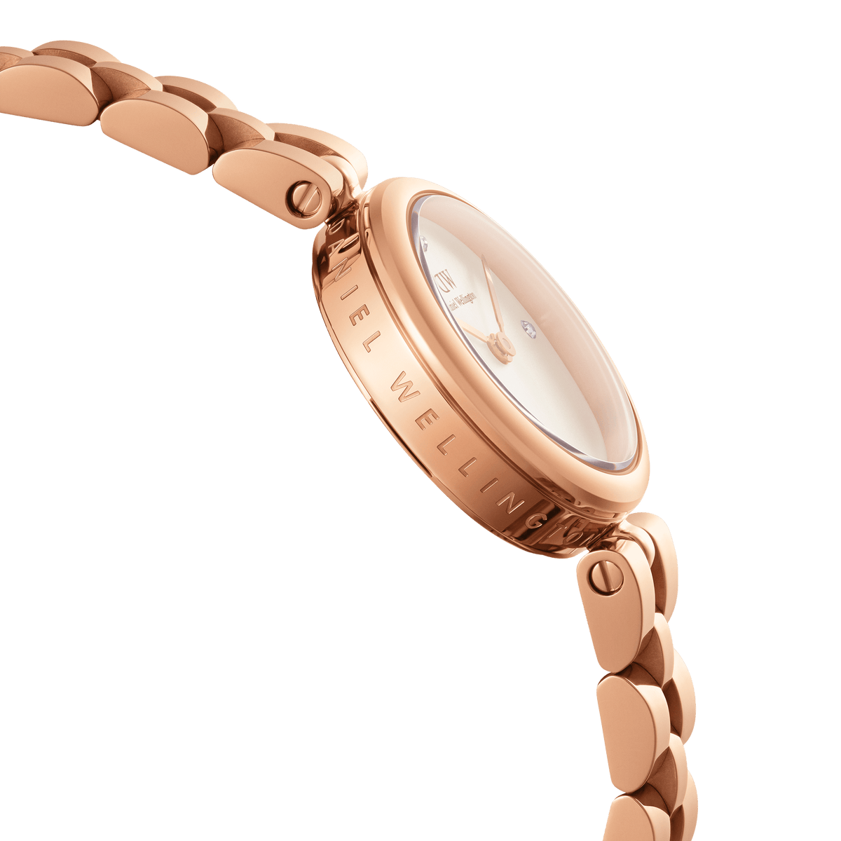 Side profile of the Elan Lumine Rose Gold ladies watch showcasing the engraved case, rose gold three-link bracelet, and minimalist dial with crystal markers.