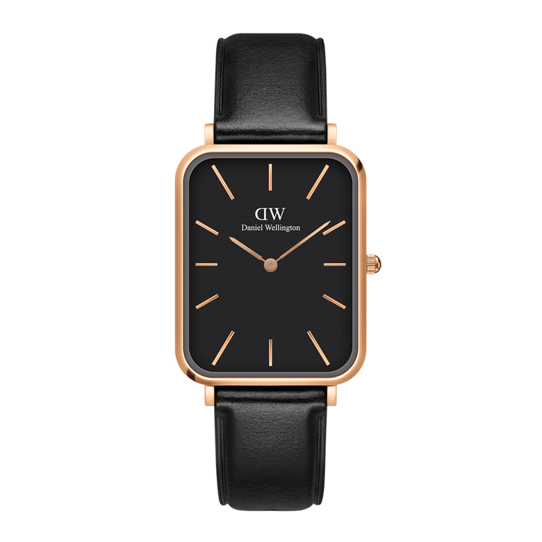 Quadro Pressed Sheffield B 29x36,5 Rose Gold featuring a rectangular black dial, rose gold-plated stainless steel case, and slim black leather strap, designed for a refined and versatile ladies watch.