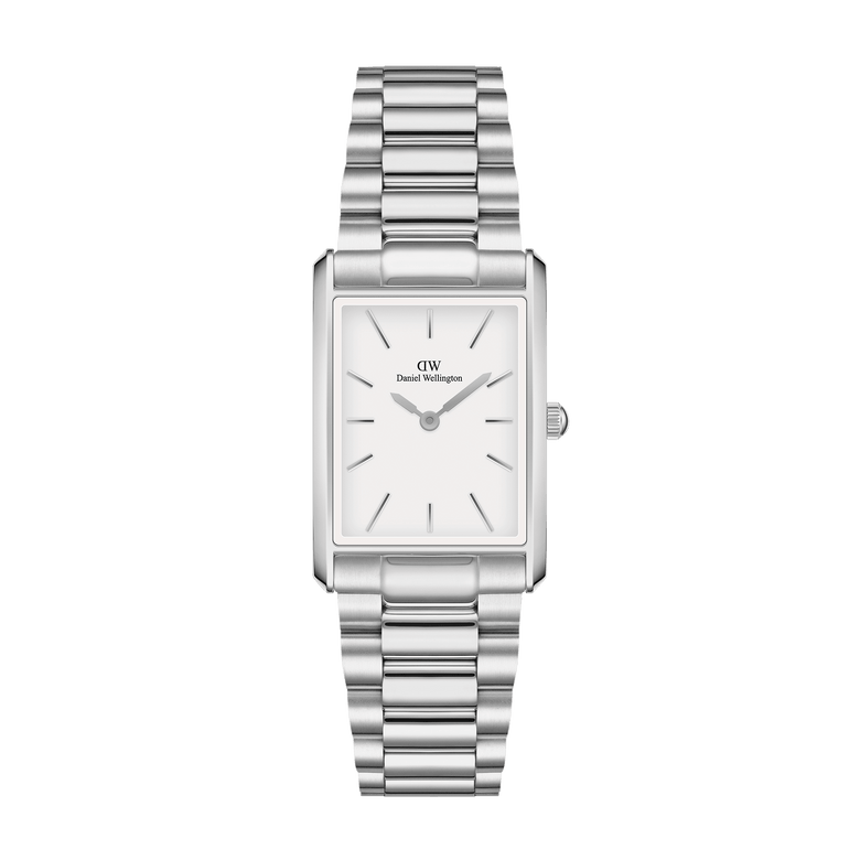 Bound 3-Link Silver watch with a rectangular stainless steel case, minimalist white dial, and a polished three-link silver bracelet, designed for versatile everyday wear.