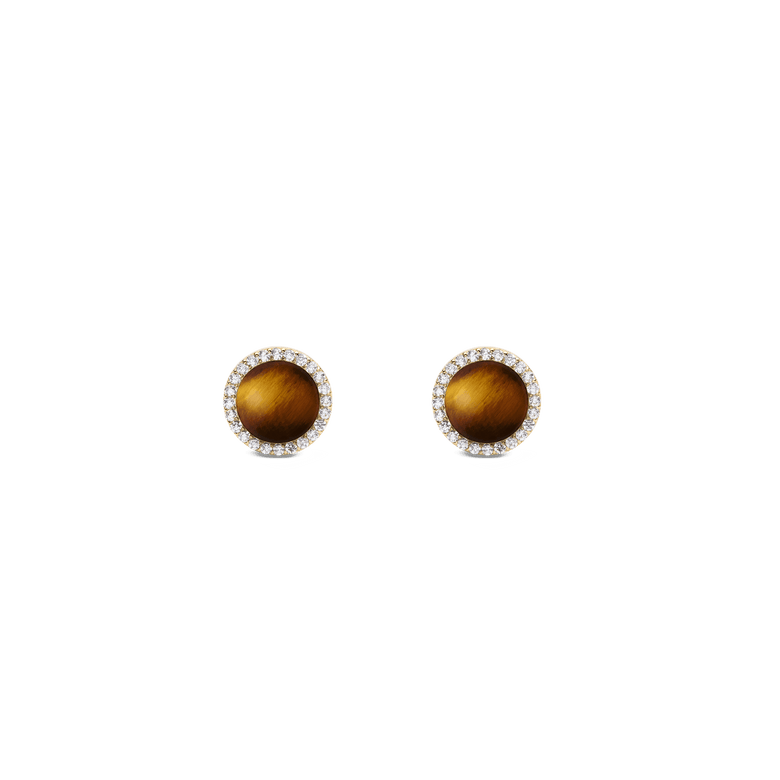 A pair of Daniel Wellington Audrey Earrings Tiger Eye Gold featuring round tiger eye stones set in polished gold, each surrounded by a halo of sparkling white cubic zirconia crystals.