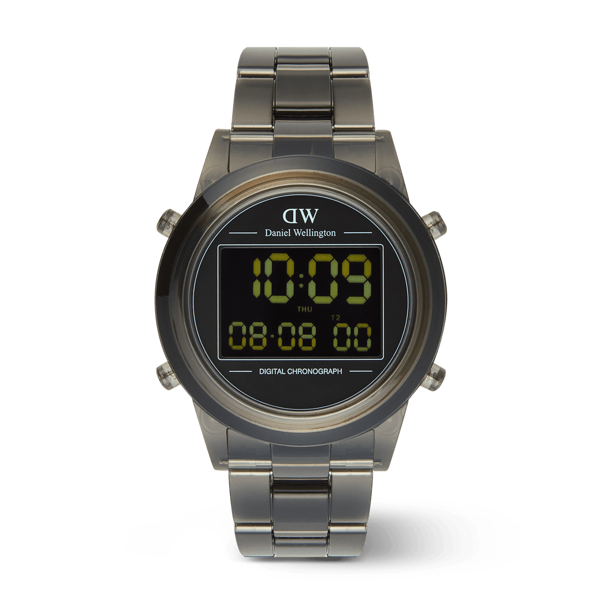 Daniel Wellington Retro Digital Dark Grey Dark Grey watch featuring a square digital display, bold dark grey finish, and a transparent bio-based plastic link strap with chronograph and dual time functions.
