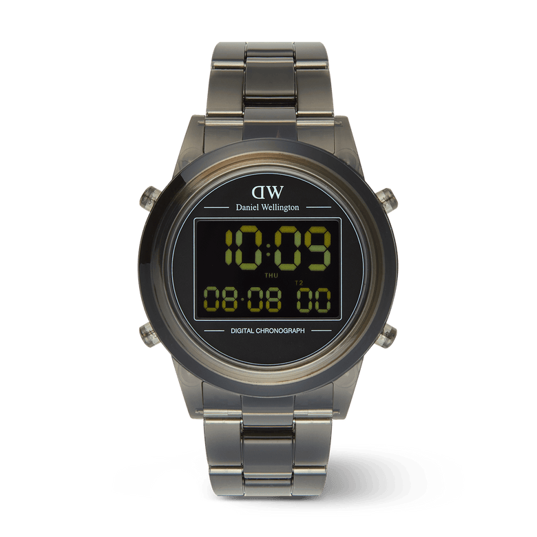 Daniel Wellington Retro Digital Dark Grey Dark Grey watch featuring a square digital display, bold dark grey finish, and a transparent bio-based plastic link strap with chronograph and dual time functions.