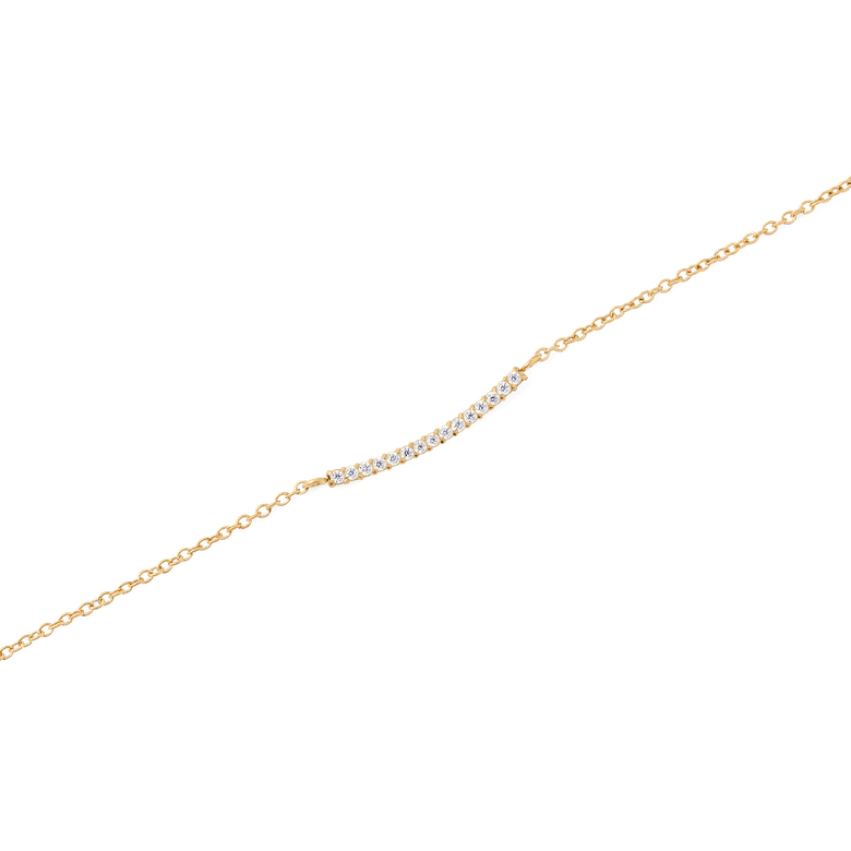 Close-up of the Mirelle Eternity Necklace Gold showing its slim gold chain and a curved bar pendant set with a row of white cubic zirconia stones for a refined, sparkling finish.