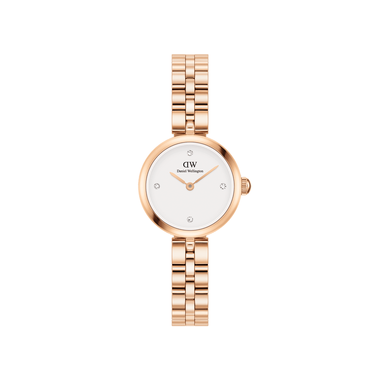 Elan Lumine Rose Gold ladies watch with a petite 22mm case, white minimalist dial, crystal markers, and a classic three-link rose gold bracelet.