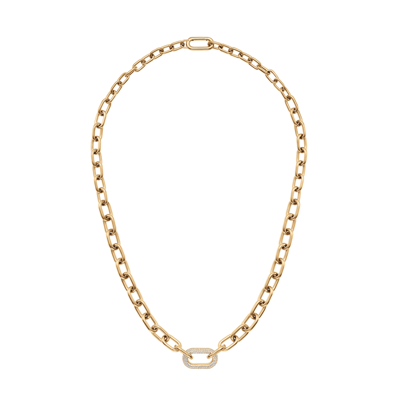 Chunky gold chain necklace with bold links and a crystal-embellished centre ring, featuring an adjustable length and a modern, versatile design suitable for women.