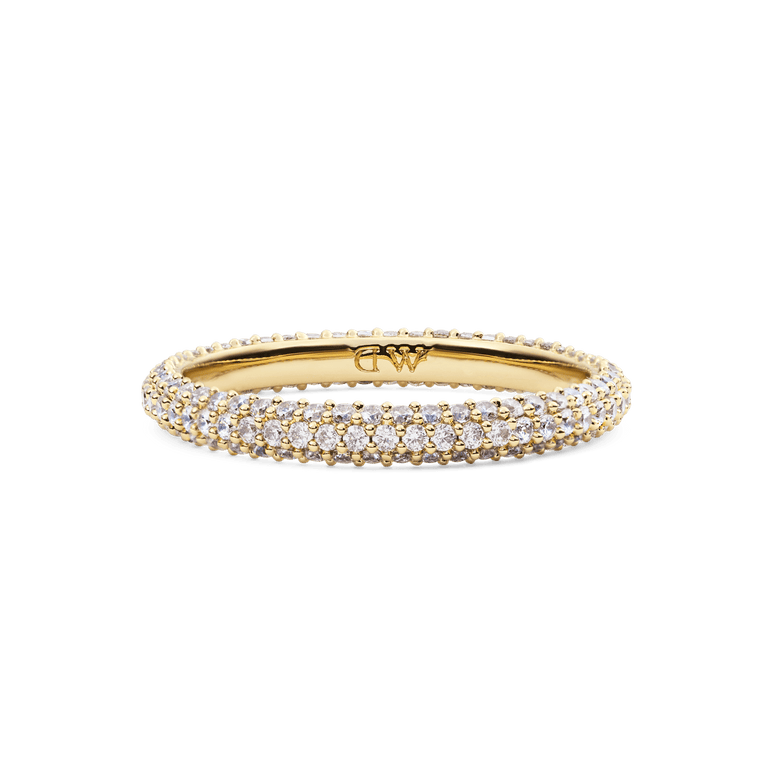 The Pavé Ring Gold 3 mm features three rows of white cubic zirconia crystals set in a slim gold plated band, offering a sparkling and elegant look suitable for everyday wear or special occasions.