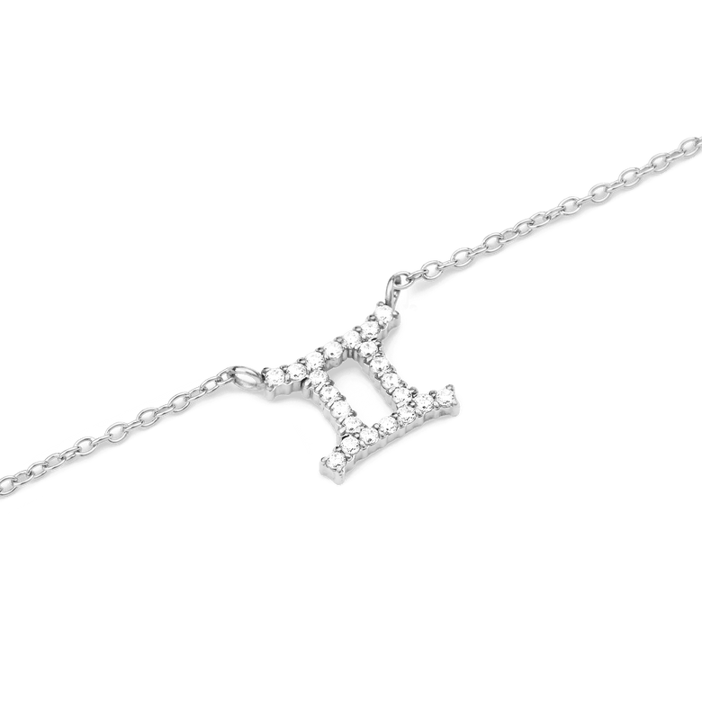 Crystal Zodiac Chain Necklace Silver with a Gemini zodiac pendant, crafted in silver and set with sparkling hand-placed crystals on a fine chain.