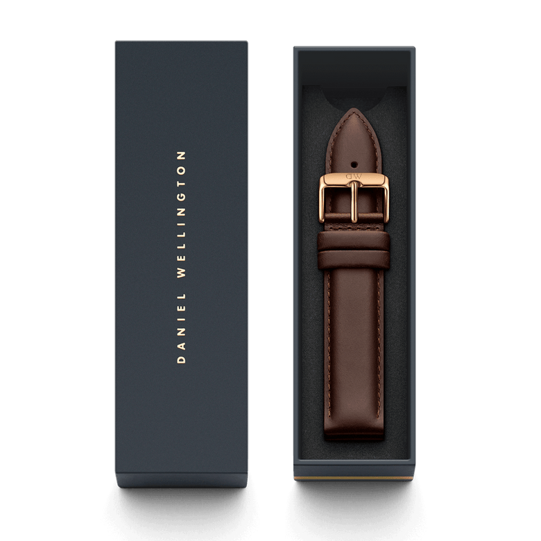 Bristol Strap Rose Gold presented in a Daniel Wellington gift box, featuring a brown genuine leather watch strap with a polished rose gold buckle for a refined and elegant upgrade.