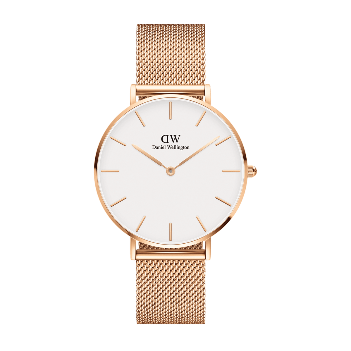 Petite Melrose Rose Gold women’s watch featuring a large eggshell white dial, rose gold minimalist hour markers and hands, and a finely woven rose gold mesh strap for a sophisticated, contemporary style.