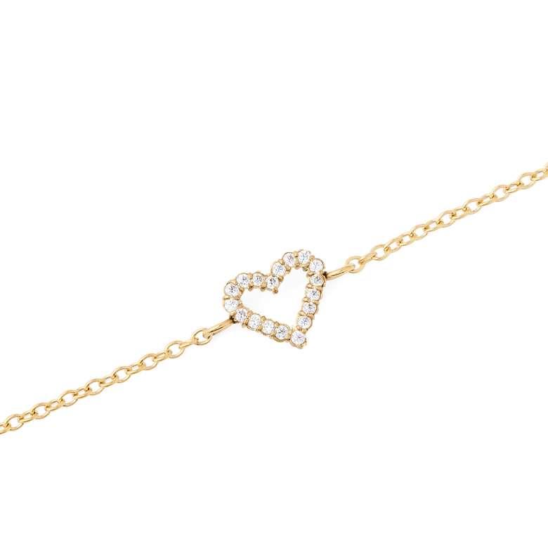 Close-up of the Mirelle Heart Bracelet Gold showing the open heart charm set with sparkling cubic zirconia crystals on a slim gold-plated chain, highlighting its delicate and elegant design.