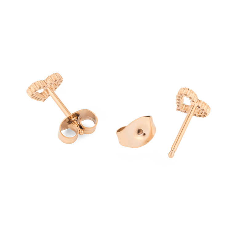 Mirelle Heart Earring Rose Gold shown from the back and side, highlighting the secure butterfly backs and the petite heart-shaped design in rose gold.