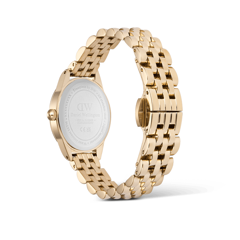 Rear view of the Ophelia Mini Emerald Gold watch showing the stainless steel case back, polished gold beans link bracelet, and butterfly clasp.