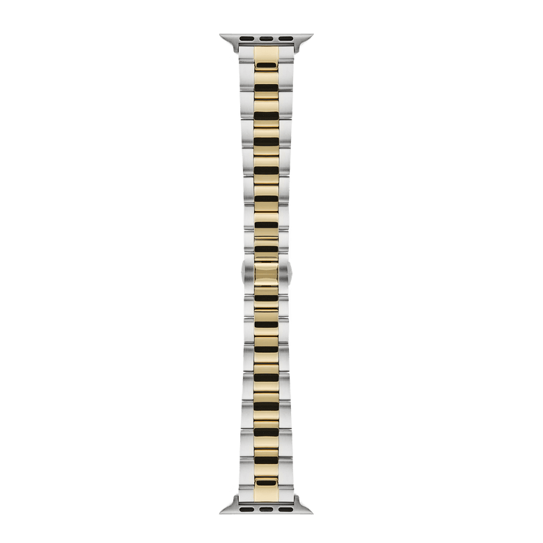 Smartwatch Iconic Link two-tone strap for Apple Watch, featuring polished gold centre links and brushed silver outer links in a classic 3-link design, crafted from stainless steel with a butterfly buckle closure.
