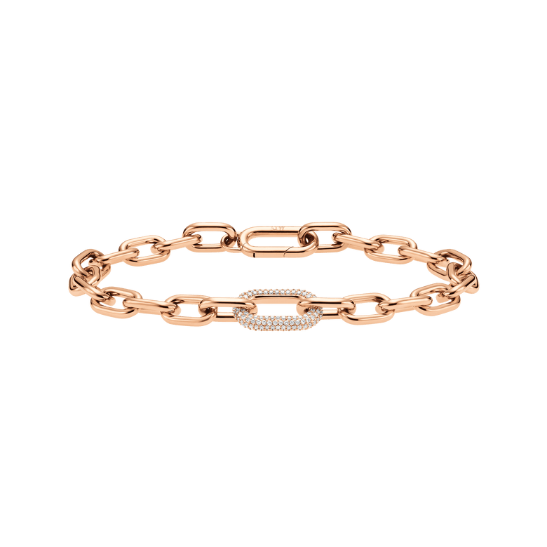 Crystal Link Bracelet Rose Gold featuring chunky rose gold chain links and a crystal-embellished link, designed for a modern, expressive look with adjustable sizing.