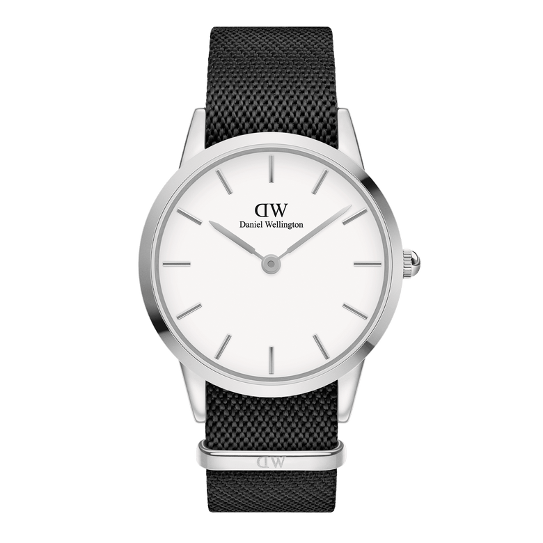Classic Daniel Wellington Iconic Black NATO White Dial watch featuring a minimalist white dial, silver stainless steel case, and adjustable black NATO strap made from recycled nylon.