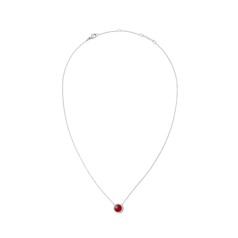 A fine silver chain necklace featuring a domed red agate pendant surrounded by white cubic zirconia crystals, designed for a refined and modern look.