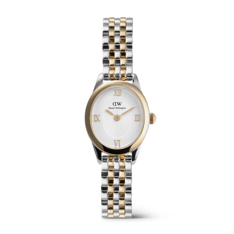 Ophelia Mini Two Tone Gold ladies watch featuring a petite oval case, classic white dial with gold Roman numerals, and a polished gold and silver link bracelet.
