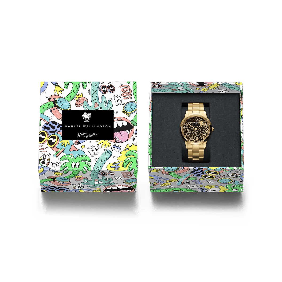Steven Harrington x Daniel Wellington Iconic Link Dual Tone gold watch presented in a colourful limited edition box featuring playful cartoon artwork, highlighting the creative collaboration and collector appeal.