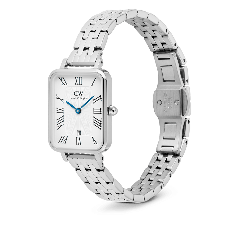 Rectangular ladies silver watch with a five-link stainless steel strap, Roman numeral dial, and blue hands, designed for a modern yet classic look.